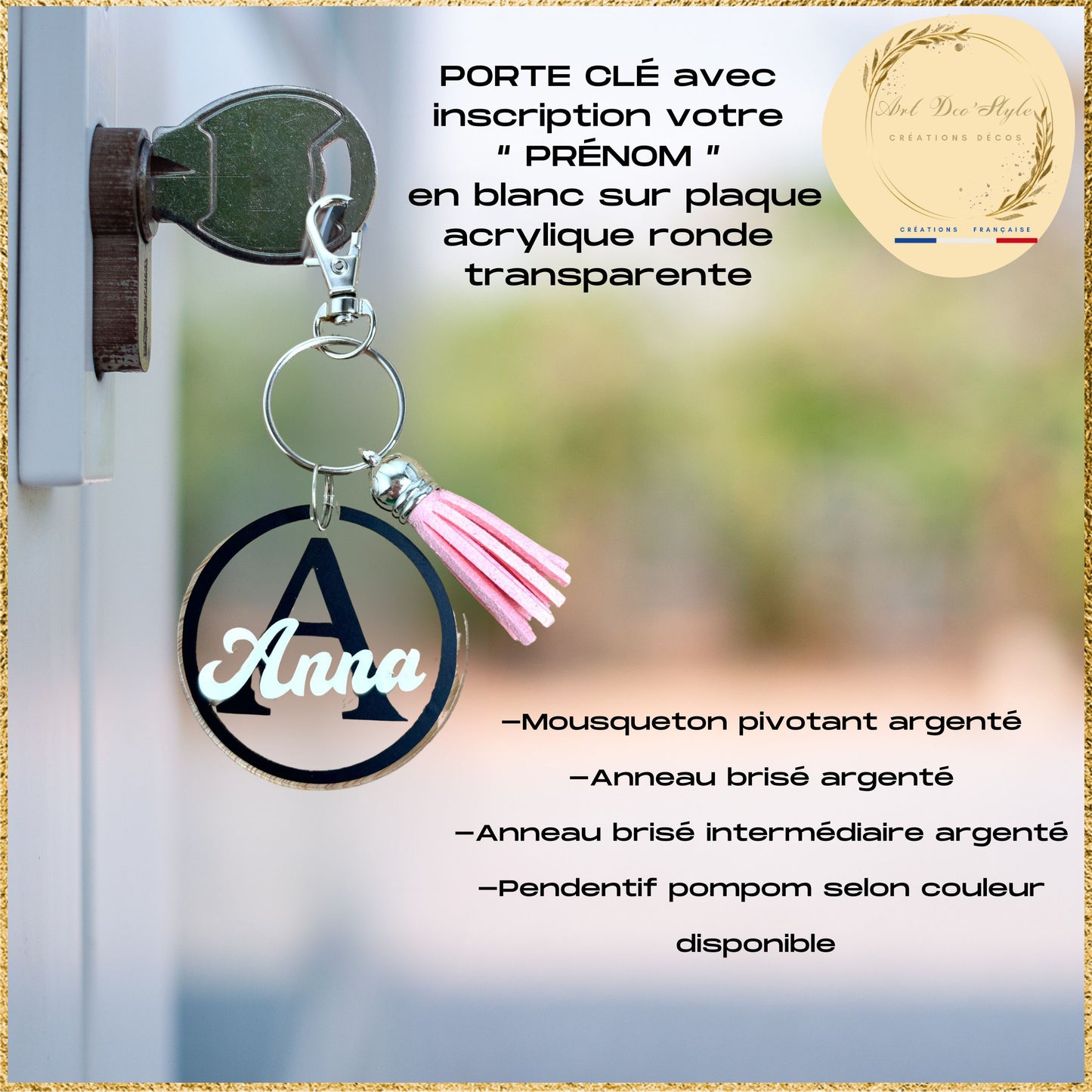 PORTE CLÉ avec inscription “votre prénom” sur plaque acrylique ronde transparente