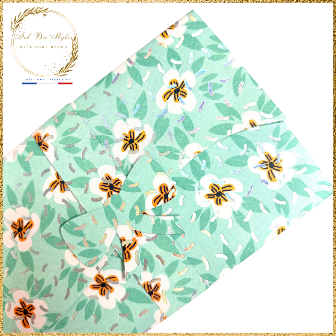 Porte Billet/Pochette à Étrenne VERTE FLEURIE ET ARGENTÉE