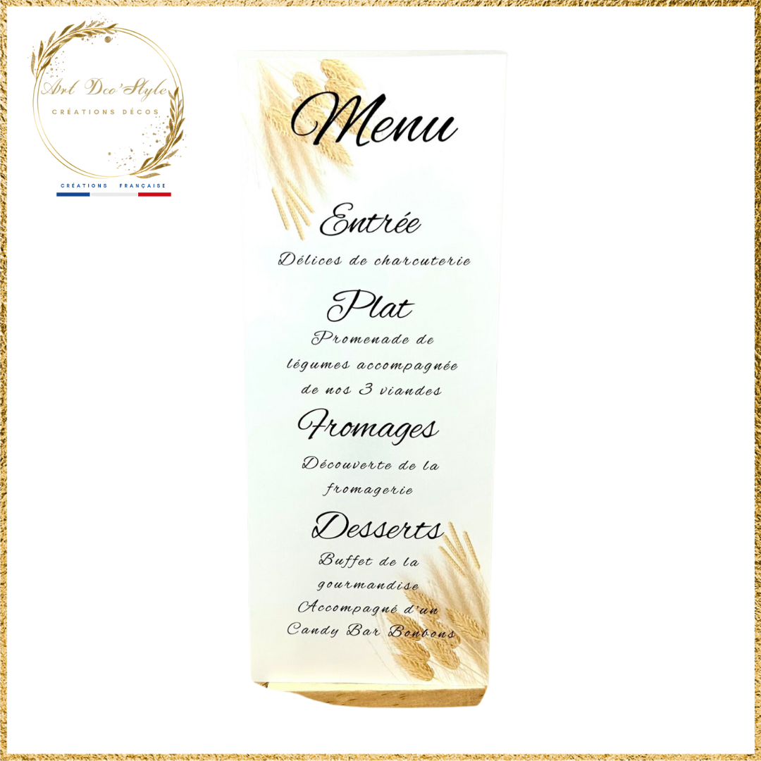Carte de menu de mariage PERSONNALISÉE " THEME CHAMPS DE BLÉ "