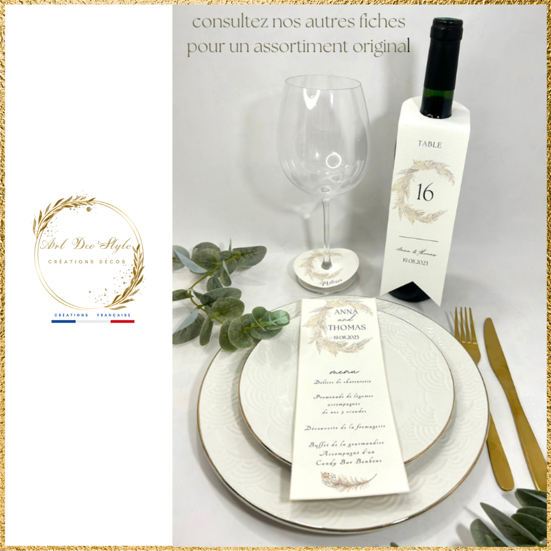 Carte de menu de mariage PERSONNALISÉE " THEME PAMPA "