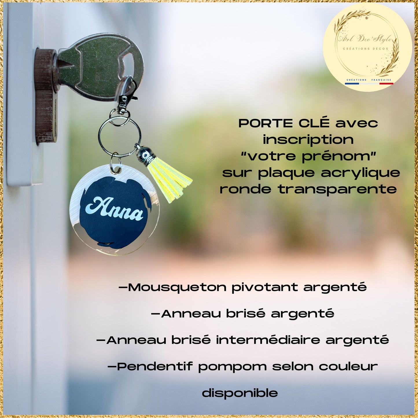 porte clés rond pompon en acrylique transparent personnalisé