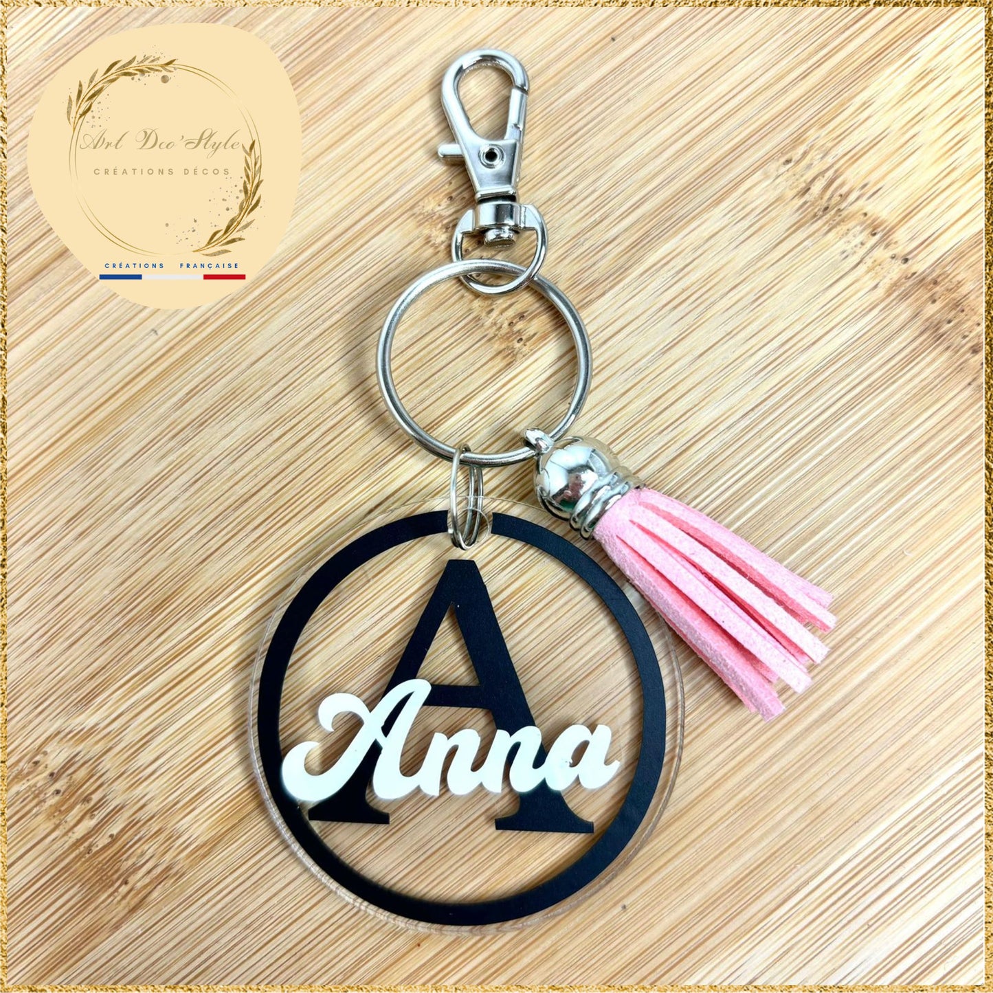 PORTE CLÉ avec inscription “votre prénom” sur plaque acrylique ronde transparente
