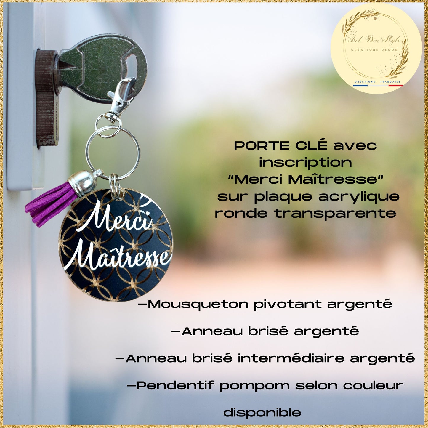 porte clés rond pompon en acrylique transparent personnalisé
