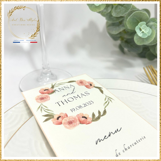 Carte de menu de mariage PERSONNALISÉE " THEME COQUELICOT "