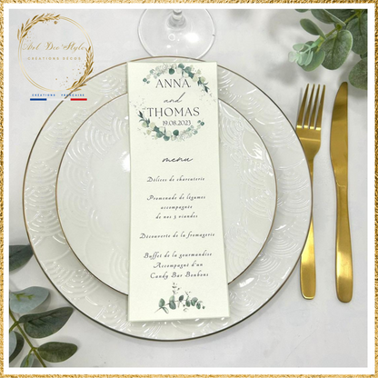 Carte de menu de mariage PERSONNALISÉE " THEME EUCALYPTUS "