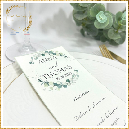 Carte de menu de mariage PERSONNALISÉE " THEME EUCALYPTUS "