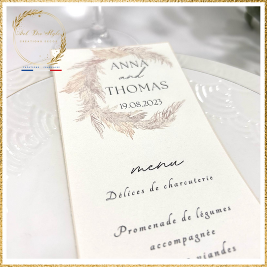 Carte de menu de mariage PERSONNALISÉE " THEME PAMPA "