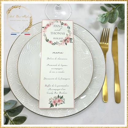 Carte de menu de mariage PERSONNALISÉE " THEME ROMANTIQUE "