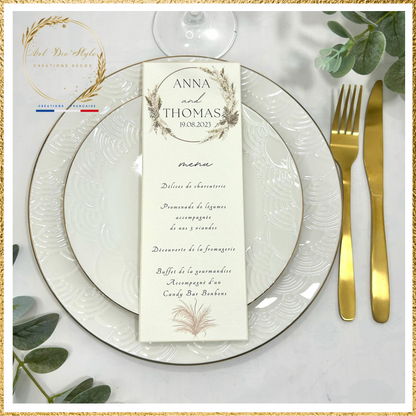 Carte de menu de mariage PERSONNALISÉE " THEME CHAMPÊTRE"