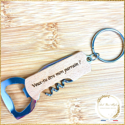 🍷 Porte-clé ouvre-bouteille personnalisé en bois- Cadeau Parrain original