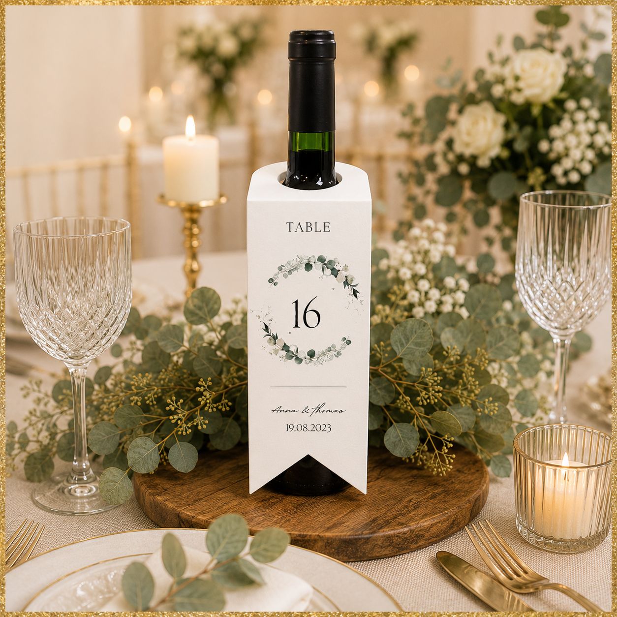 Étiquette personnalisée pour bouteille de vin de mariage avec motif assorti au thème de la réception, numéro de table, prénoms des mariés et date du mariage élégamment imprimés.