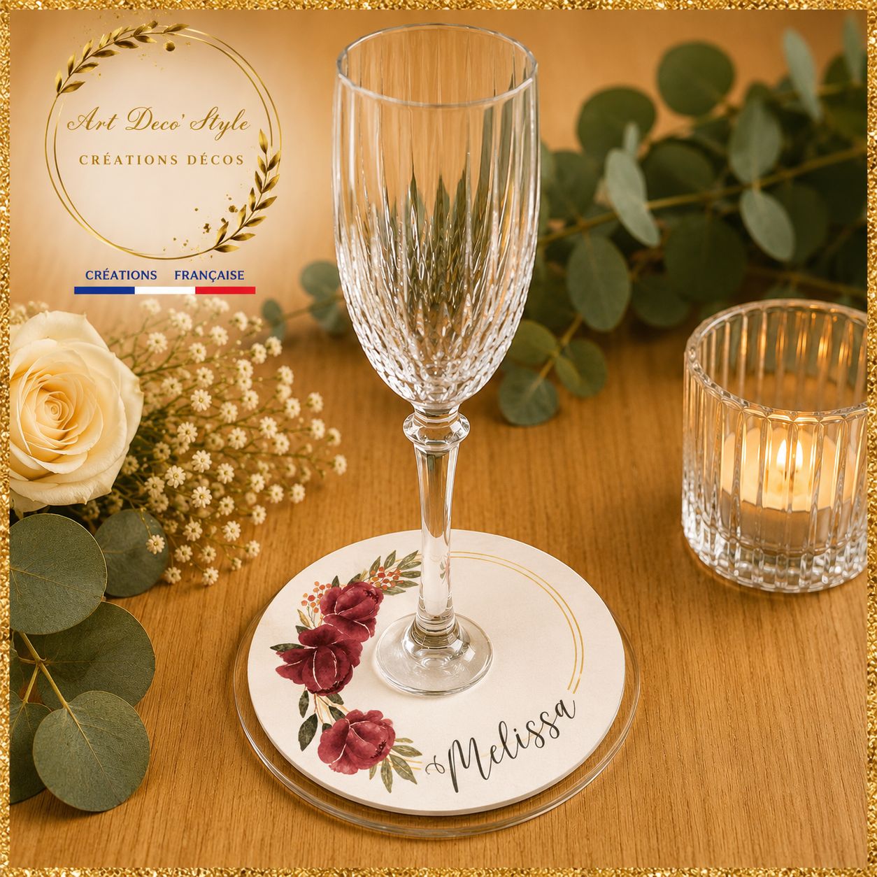 la décoration des verres apportent une touche originale et fonctionnelle.Elle s'associera à votre thème et servira de repère marque place pour vos convives.