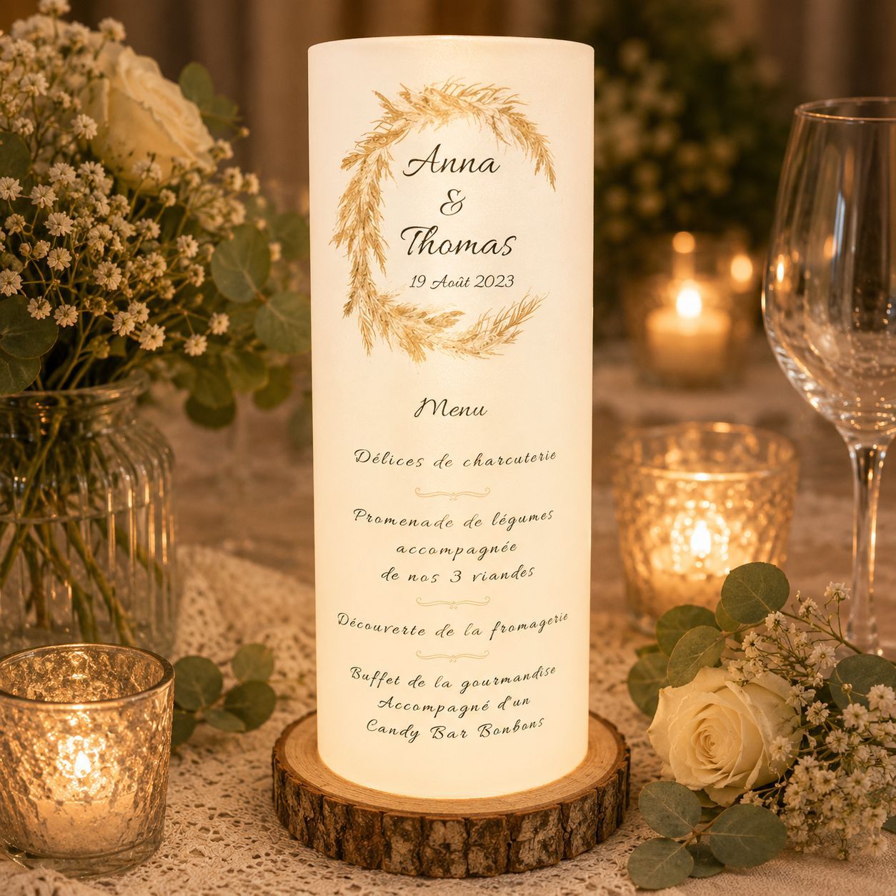 Menu Photophore pour mariage à Personnaliser THÈME "PAMPA BOHÈME"