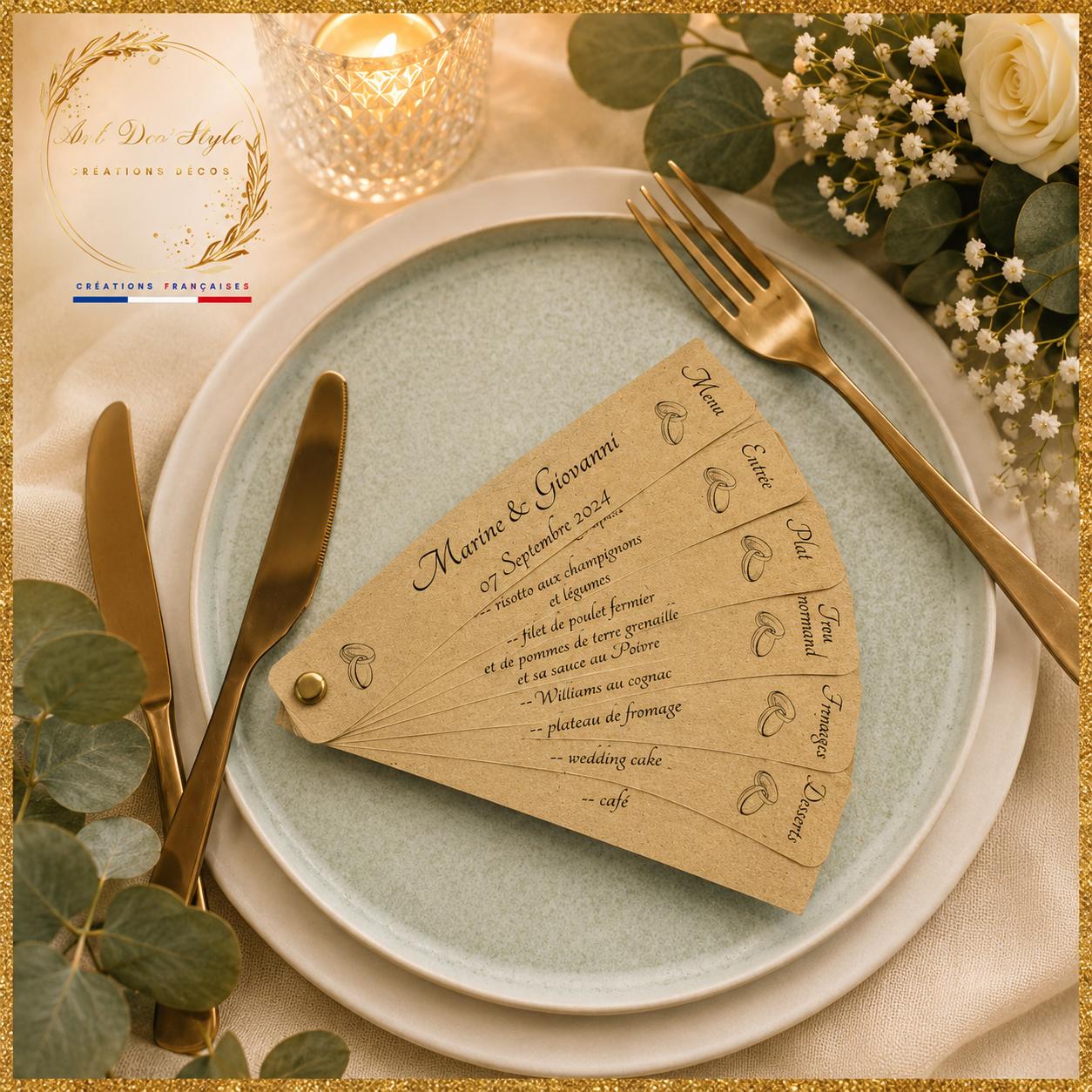 menu eventail personnalisé sur papier kraft 
