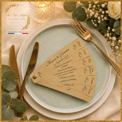 menu eventail personnalisé sur papier kraft 