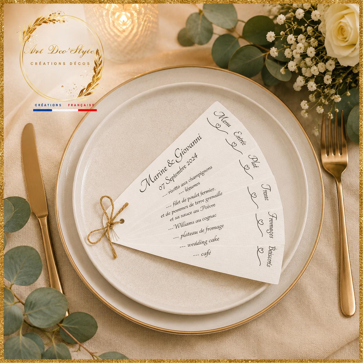 menu eventail personnalisé sur papier kraft 