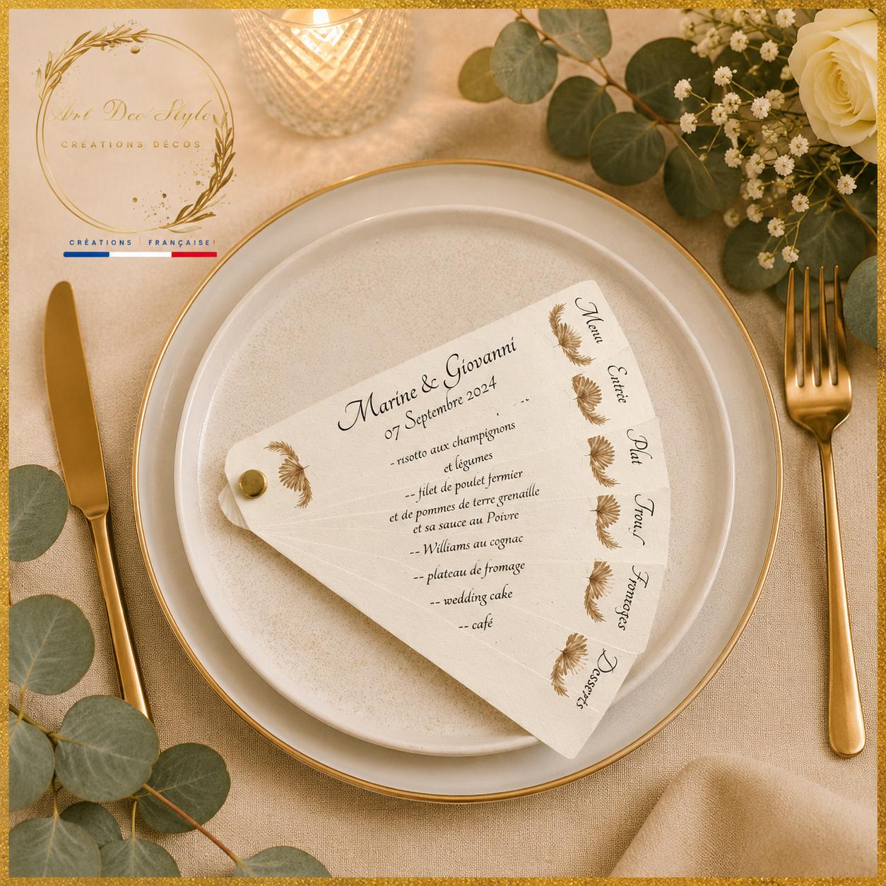 menu eventail personnalisé sur papier kraft 
