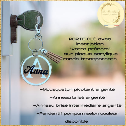 PORTE CLÉ avec inscription “votre prénom”  sur plaque acrylique ronde transparente