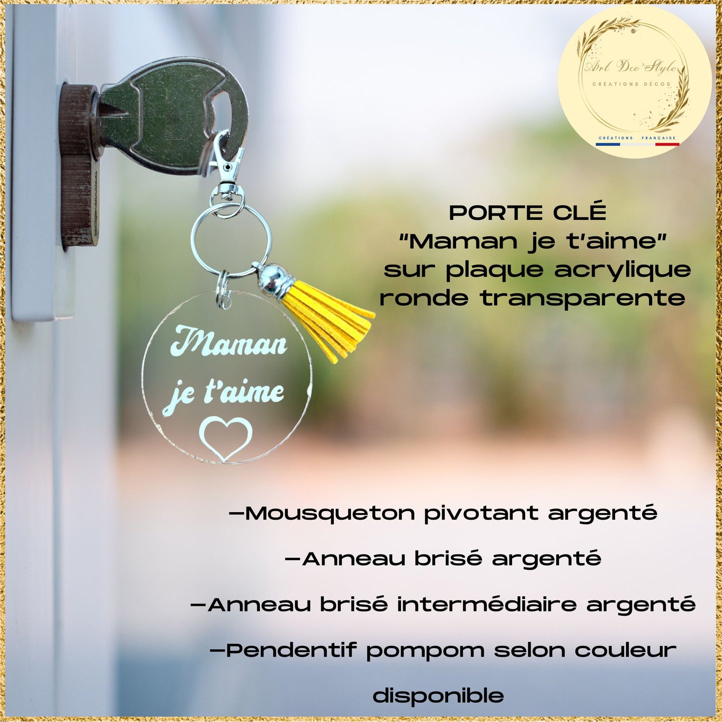 porte clés rond pompon en acrylique transparent  personnalisé 